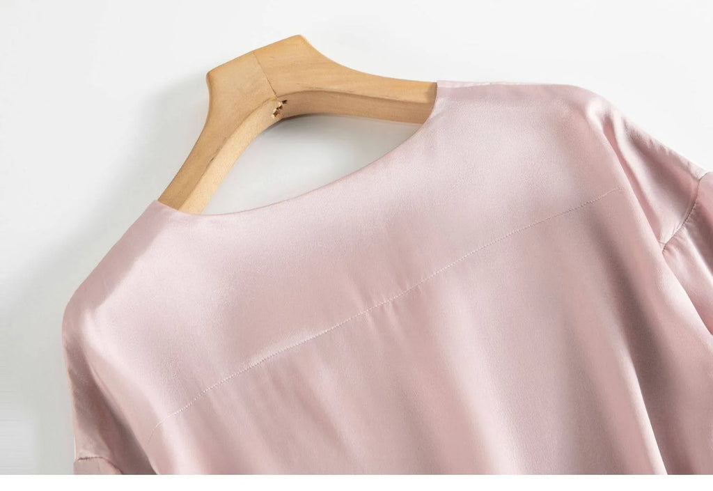 100% Mulberry Silk Satin Pajama Set – V-Neck, Three-Quarter Sleeve, 7 Colors, Sizes L–1XL