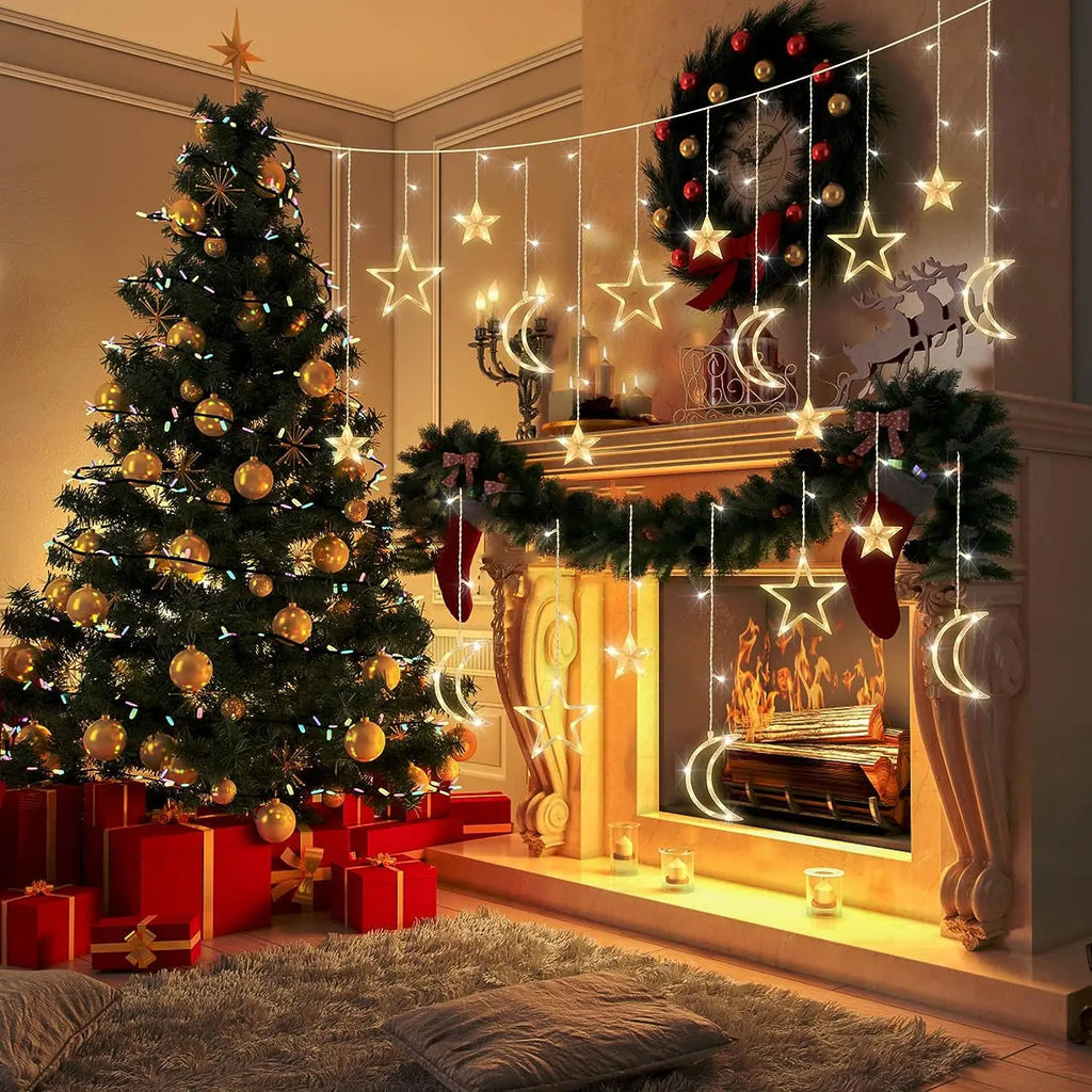 Star Moon Curtain String Lights – 3.5M, Battery Powered, Warm White & Multicolor, Room Decor