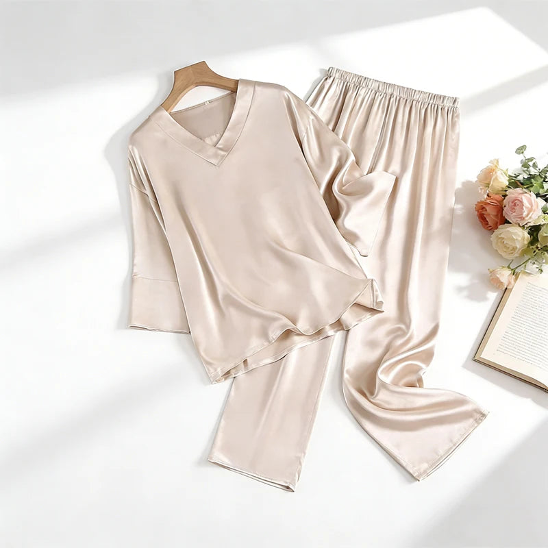 100% Mulberry Silk Satin Pajama Set – V-Neck, Three-Quarter Sleeve, 7 Colors, Sizes L–1XL