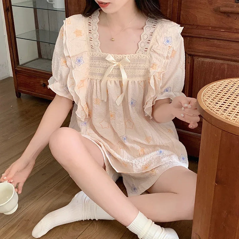 Women’s Kawaii Floral Print Short Sleeve Pajama Set – 2-Piece, Sizes M–XXL