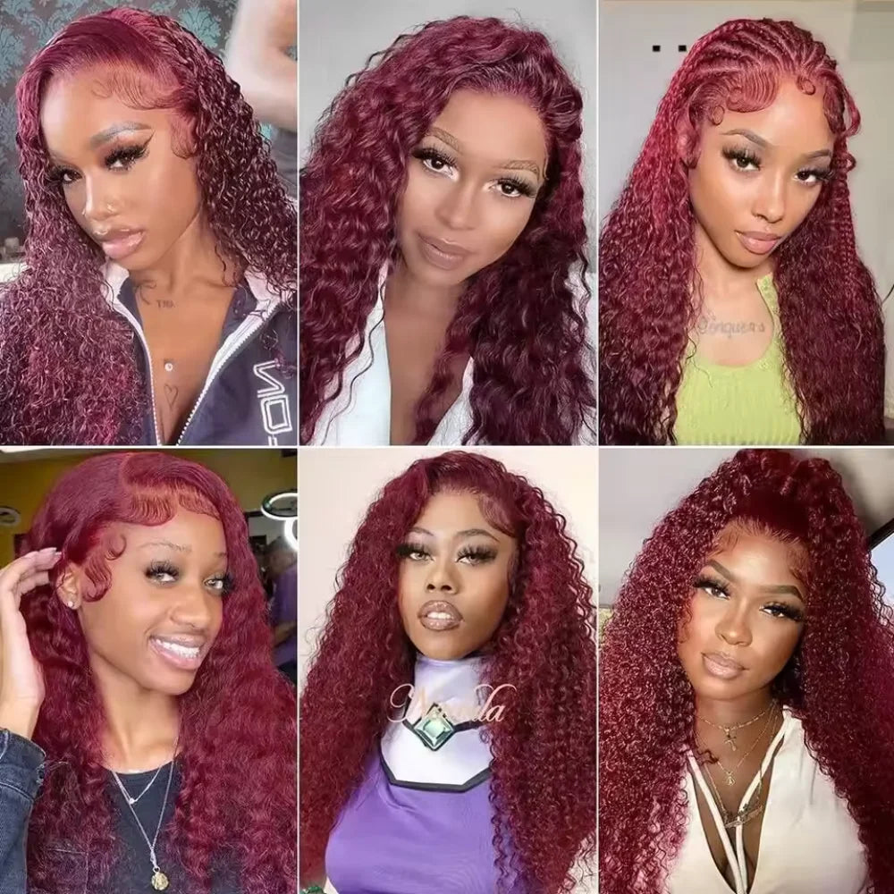 99J Burgundy Deep Wave 13x4 HD Lace Front Human Hair Wig – 16–34 Inch, Pre-Plucked