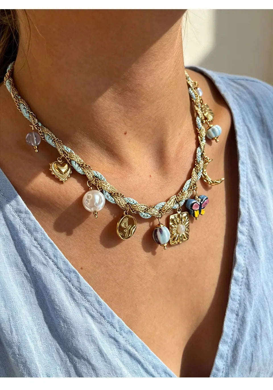 Pearl Acrylic Pendant Necklace & Bracelet Jewelry Set – Woven Chain, Stainless Steel, Party