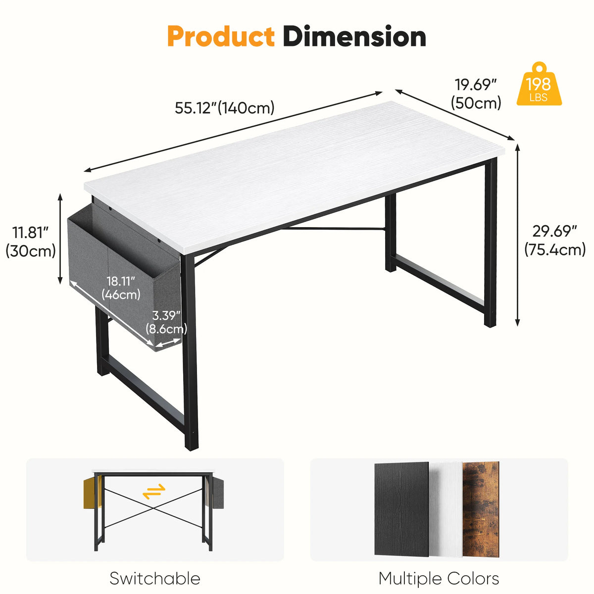 Computer Gaming Desk with Storage Bag – Metal Frame, Wood Tabletop, 31–55 Inch – Black, Rust, White