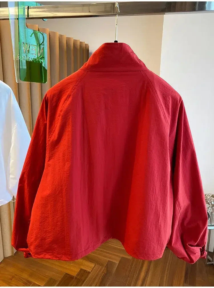 Women’s Red Stand Collar Zip-Up Jacket – Casual Loose Fit, Drawstring Cuffs, Autumn & Spring