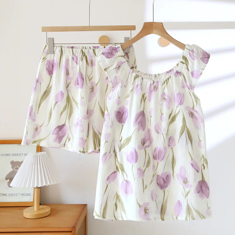 Women’s 100% Cotton Crepe Vest & Shorts Pajama Set – Loose Fit, Sizes M–XL