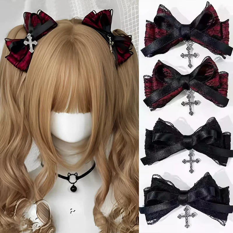 Y2K Gothic Cross Lace Bow Hair Clips – 2-Pack, Bowknot Hairpin, Red & Black