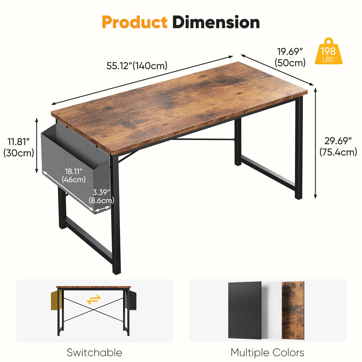 Computer Gaming Desk with Storage Bag – Metal Frame, Wood Tabletop, 31–55 Inch – Black, Rust, White