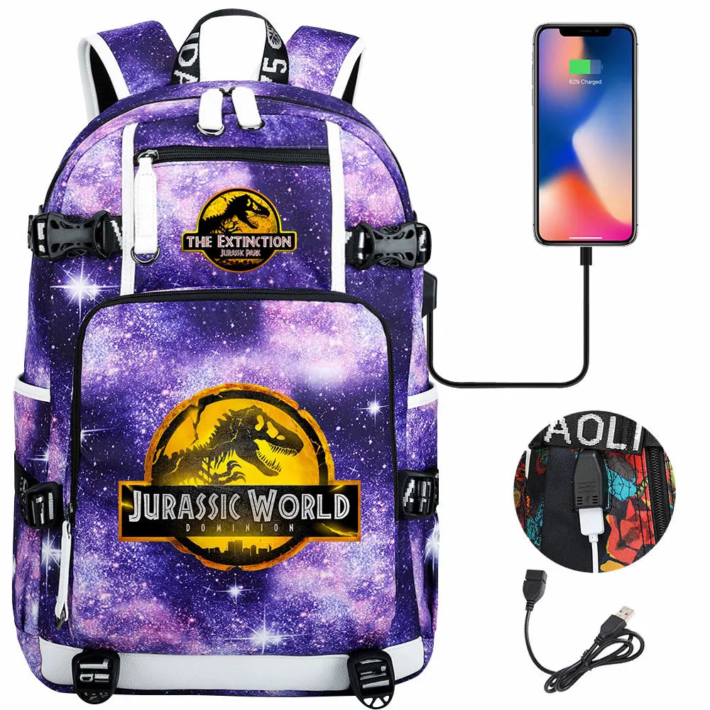 Jurassic World Dinosaur Backpack with USB Port – Large Capacity Laptop Bag for Men & Women