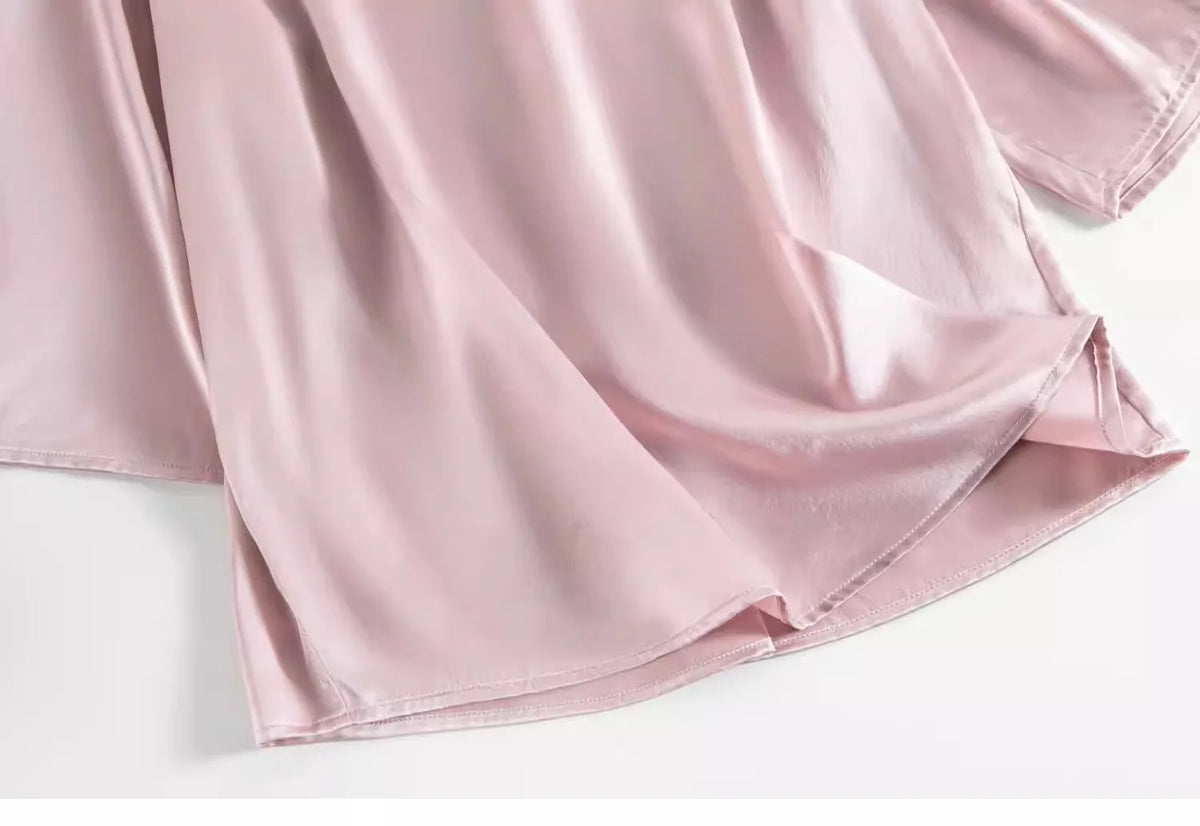 100% Mulberry Silk Satin Pajama Set – V-Neck, Three-Quarter Sleeve, 7 Colors, Sizes L–1XL