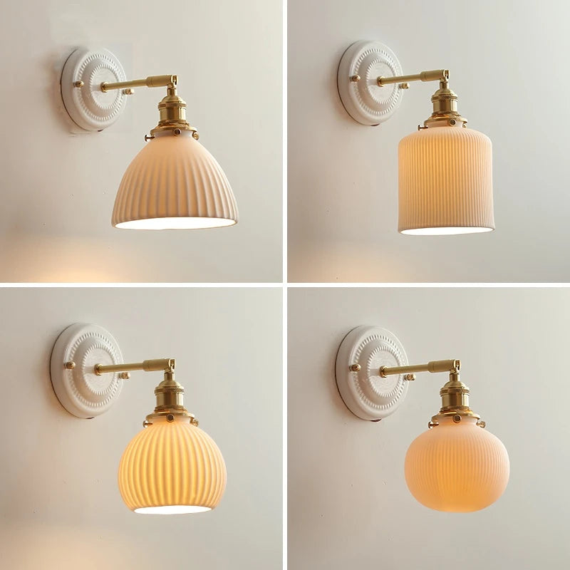 IWHD White Ceramic Nordic Wall Lamp – LED, Bedroom & Bathroom, Copper Accent, 4W–100W