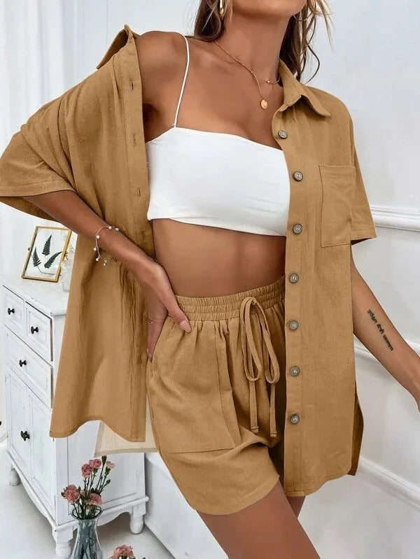 Women’s Cotton Button Shirt & Shorts Pajama Set – Casual 2-Piece, 6 Colors, Sizes S–XL