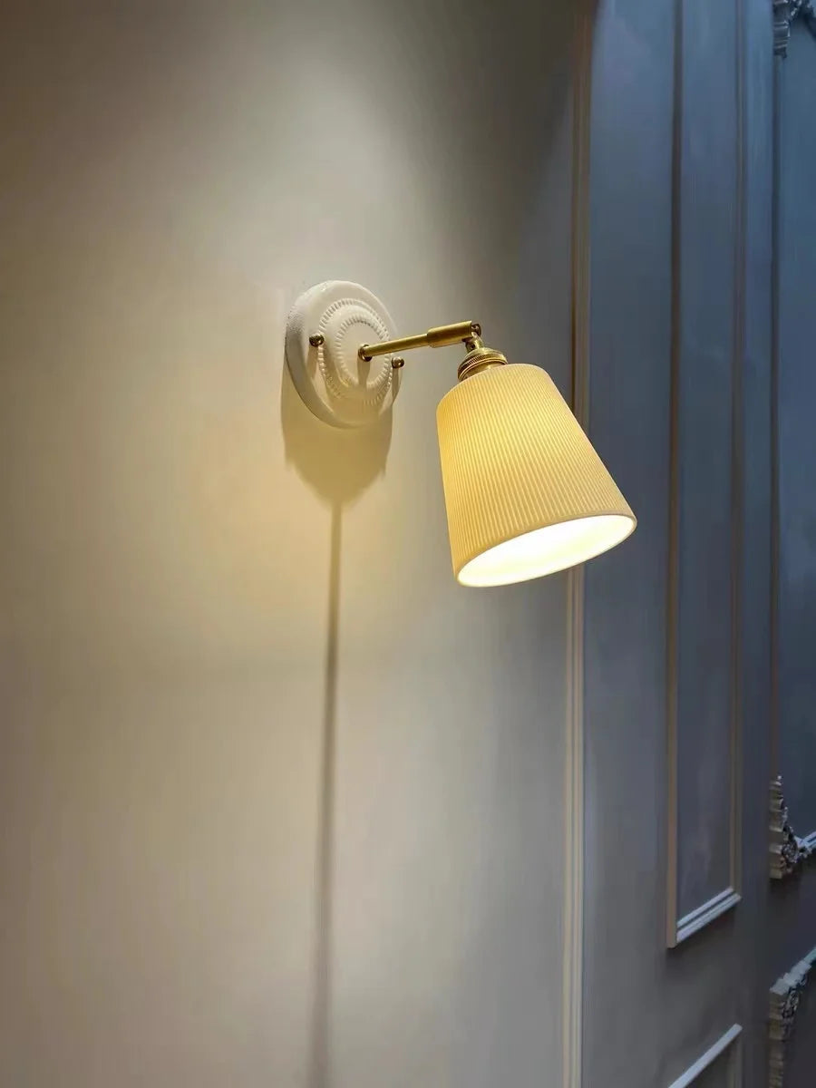 IWHD White Ceramic Nordic Wall Lamp – LED, Bedroom & Bathroom, Copper Accent, 4W–100W
