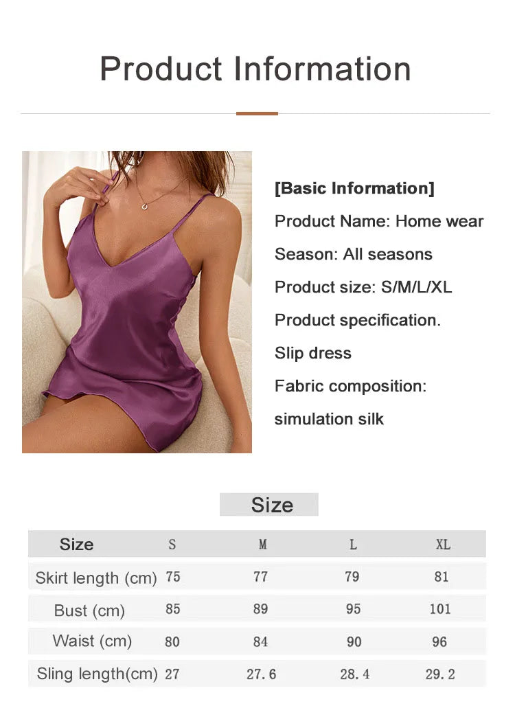 Women’s Ice Silk Satin Slip Nightgown – V-Neck, 5 Colors, Sizes S–XL