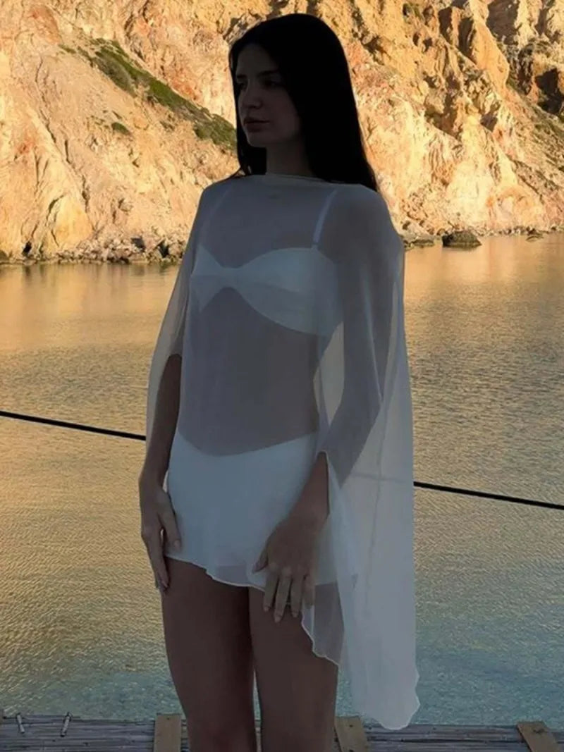 Women’s Sheer Chiffon Blouse Cover-Up Top – Sexy, Elegant, White & Black, Night Club