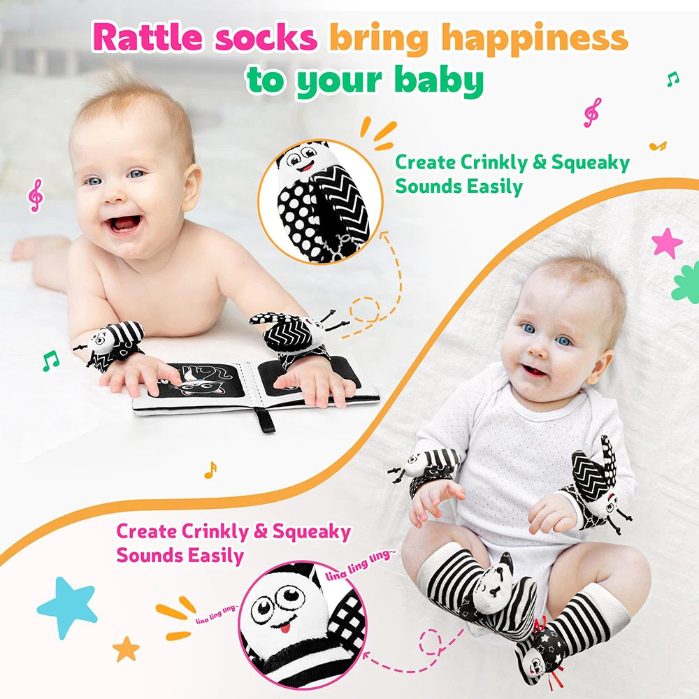 Baby Wrist Rattle & Foot Finder Sensory Toy Set – Black & White, Newborn Essential
