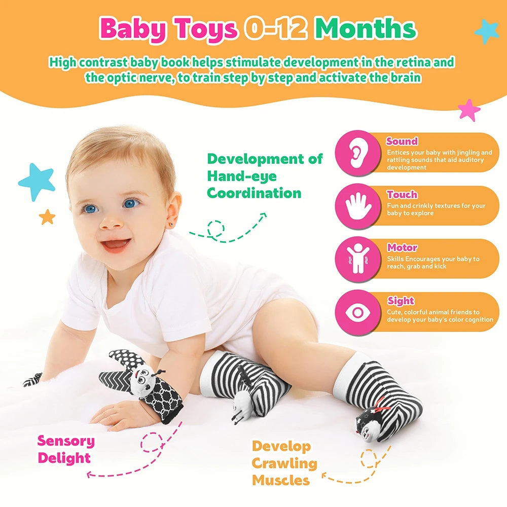 Baby Wrist Rattle & Foot Finder Sensory Toy Set – Black & White, Newborn Essential