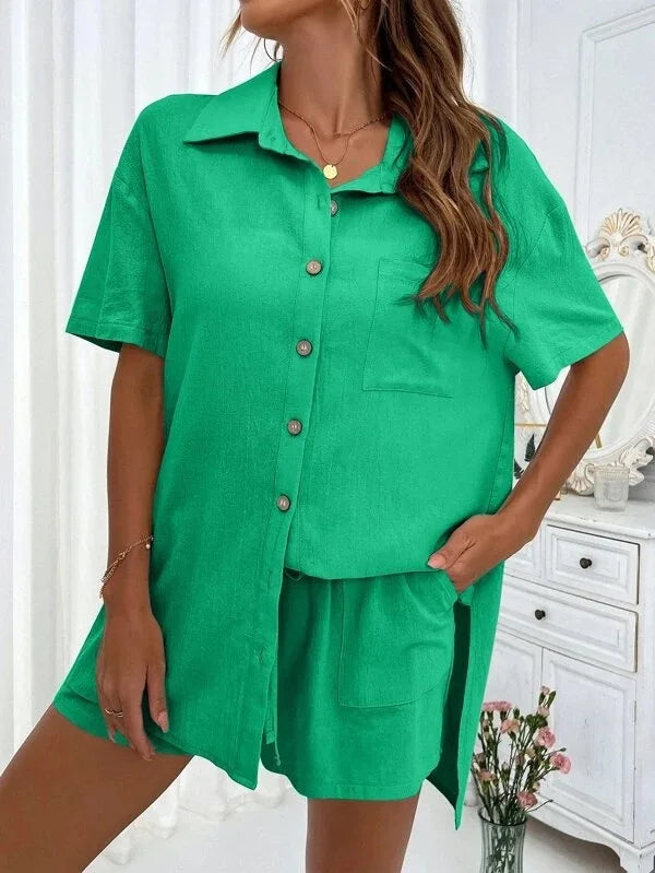 Women’s Cotton Button Shirt & Shorts Pajama Set – Casual 2-Piece, 6 Colors, Sizes S–XL