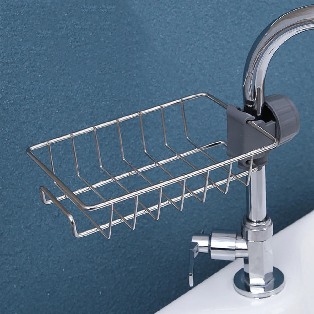 Kitchen Sink Sponge & Soap Drain Rack Organizer – Flexible Faucet Holder, Towel Shelf