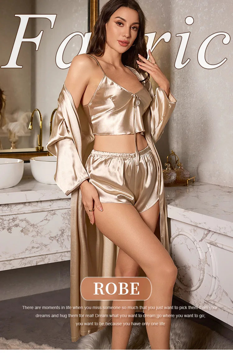 Women’s 3-Piece Satin Robe & Nightgown Set – Sling Dress & Short Robe, Sizes S–XL