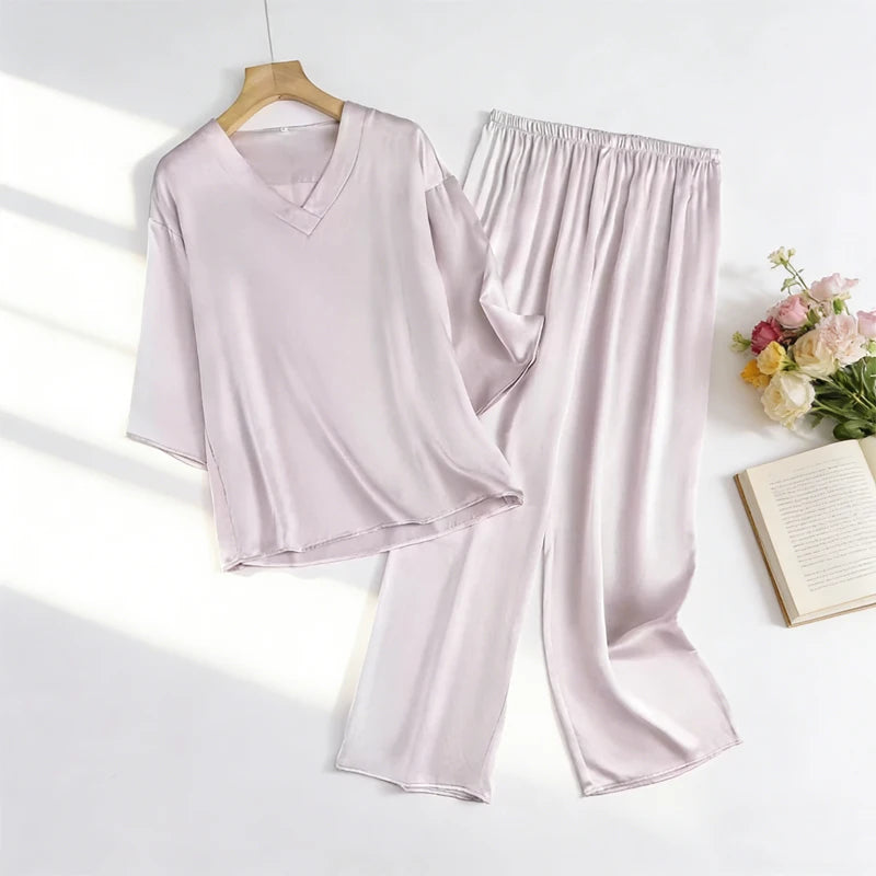 100% Mulberry Silk Satin Pajama Set – V-Neck, Three-Quarter Sleeve, 7 Colors, Sizes L–1XL