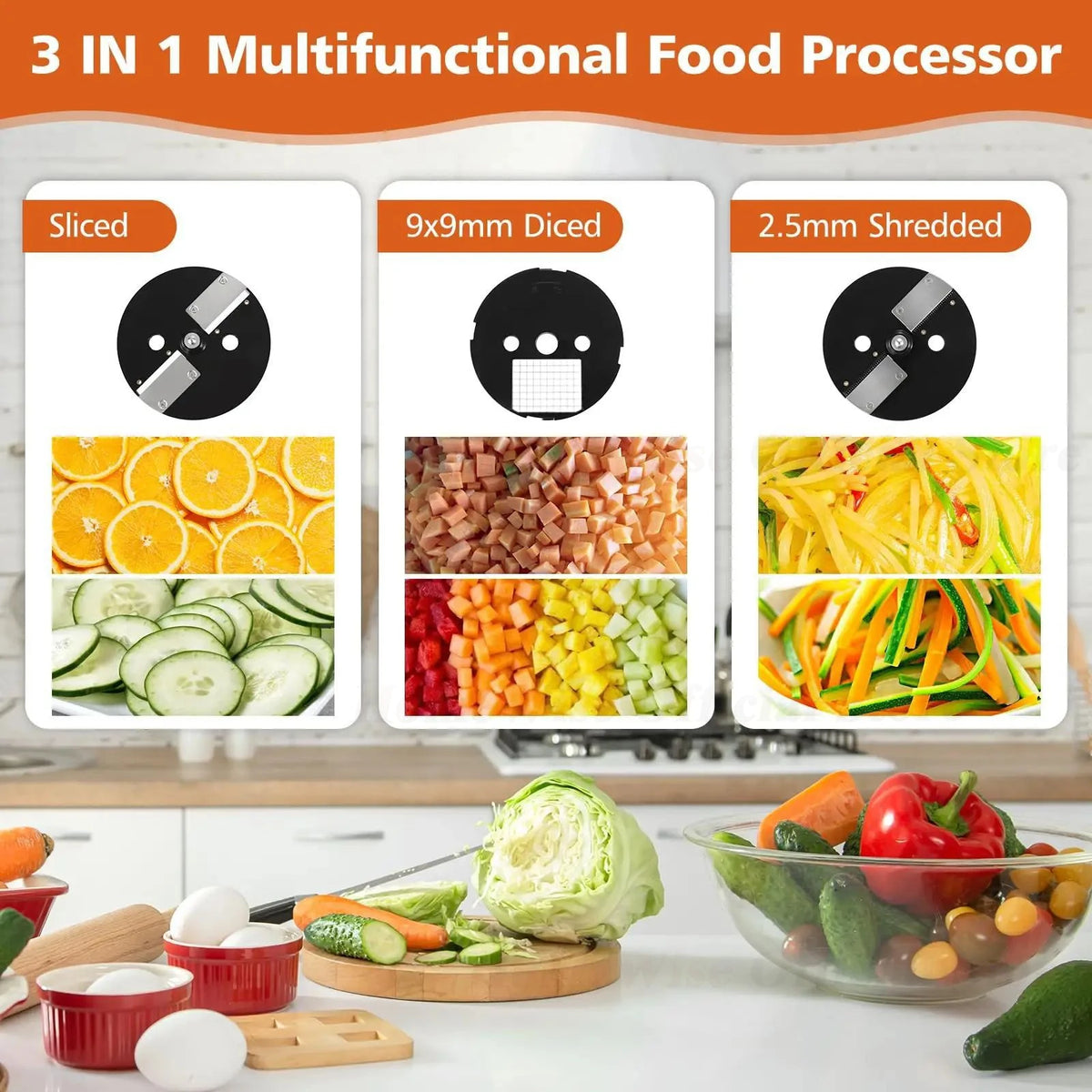 HomeWise K8600 3-in-1 Vegetable Cutter & Food Processor – Shred, Dice & Slice