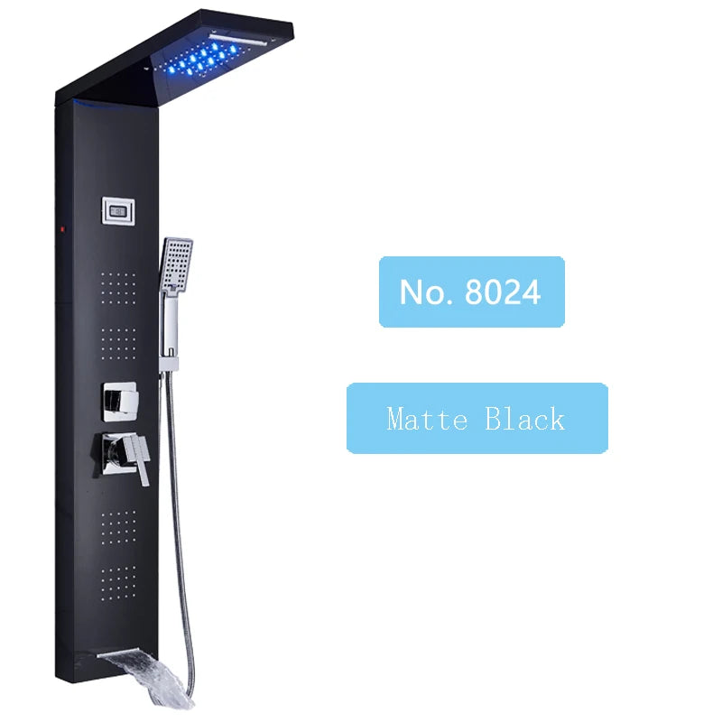 Luxury LED Waterfall Shower Panel System | Rain, Massage Jets & Hand Shower