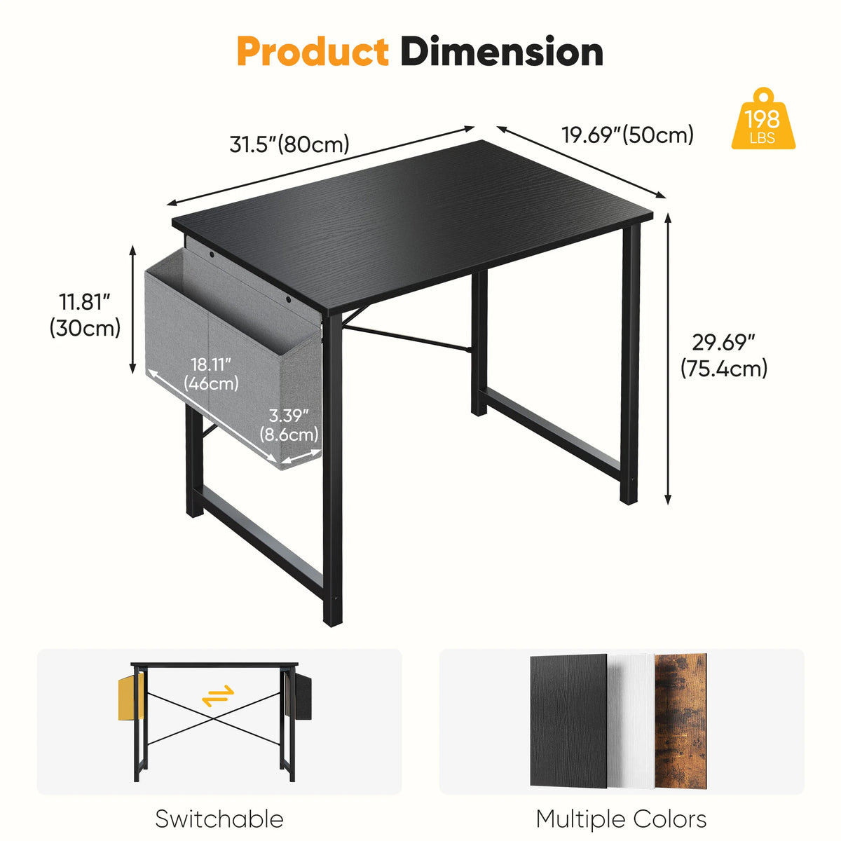 Computer Gaming Desk with Storage Bag – Metal Frame, Wood Tabletop, 31–55 Inch – Black, Rust, White