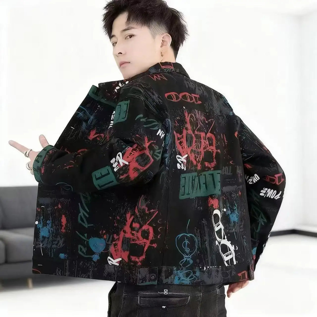 Men’s Vintage Print Denim Jacket – Loose Casual Long Sleeve Outerwear, Sizes M–XXXL