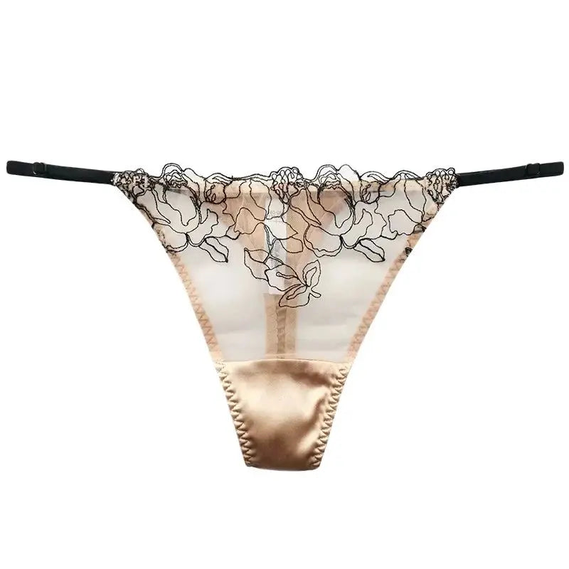 BirdTree 93% Silk Lace Embroidery G-String Thong – Transparent, 6 Colors