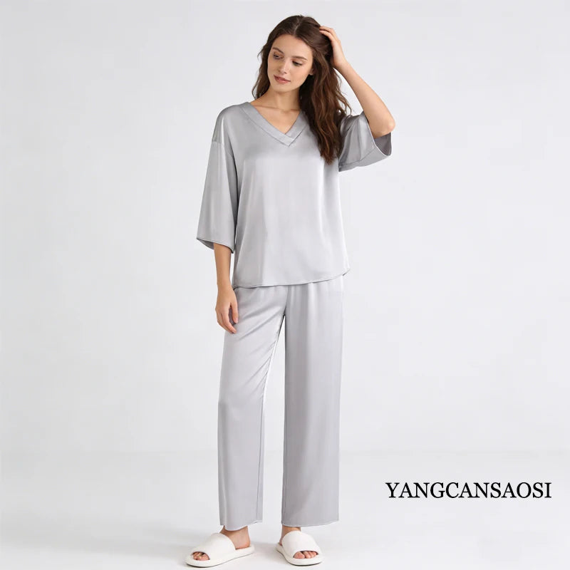 100% Mulberry Silk Satin Pajama Set – V-Neck, Three-Quarter Sleeve, 7 Colors, Sizes L–1XL