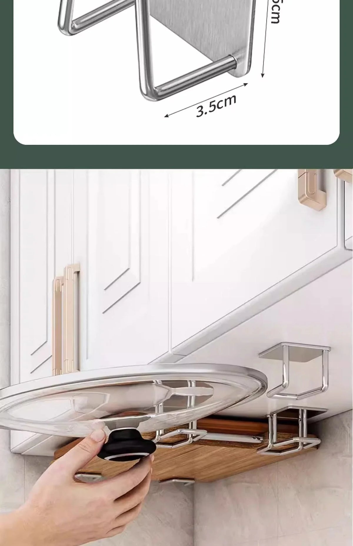 Stainless Steel Wall-Mounted Pot Cover & Cutting Board Rack – No-Drill, Cabinet Bottom Mount