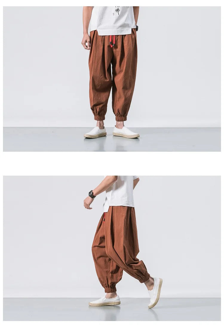 Men’s Oversized Cotton Linen Harem Jogger Pants – Chinese Style, Casual Trousers