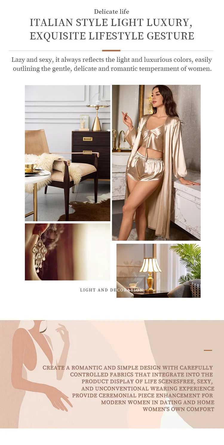 Women’s 3-Piece Satin Robe & Nightgown Set – Sling Dress & Short Robe, Sizes S–XL
