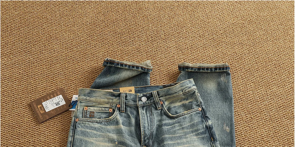 Men’s Retro Heavyweight Straight Tapered Jeans – 100% Cotton, Washed Denim, Sizes 29–38