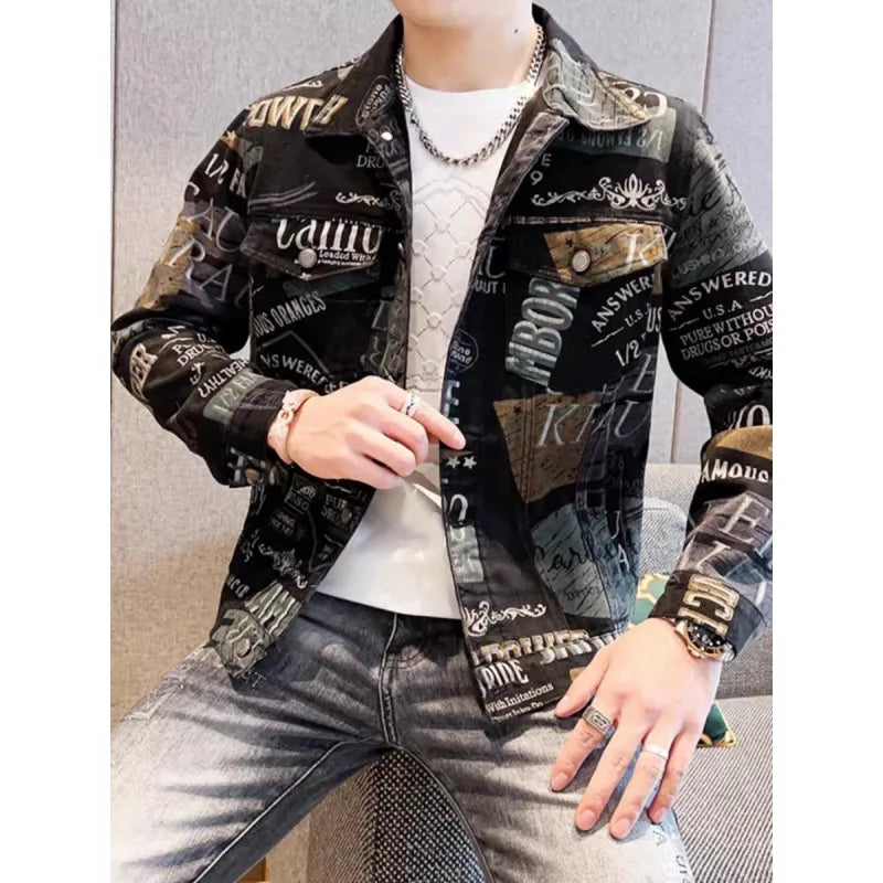Men’s Slim-Fit Print Jacket – Trendy Outerwear, Sizes M–XXXL, Black
