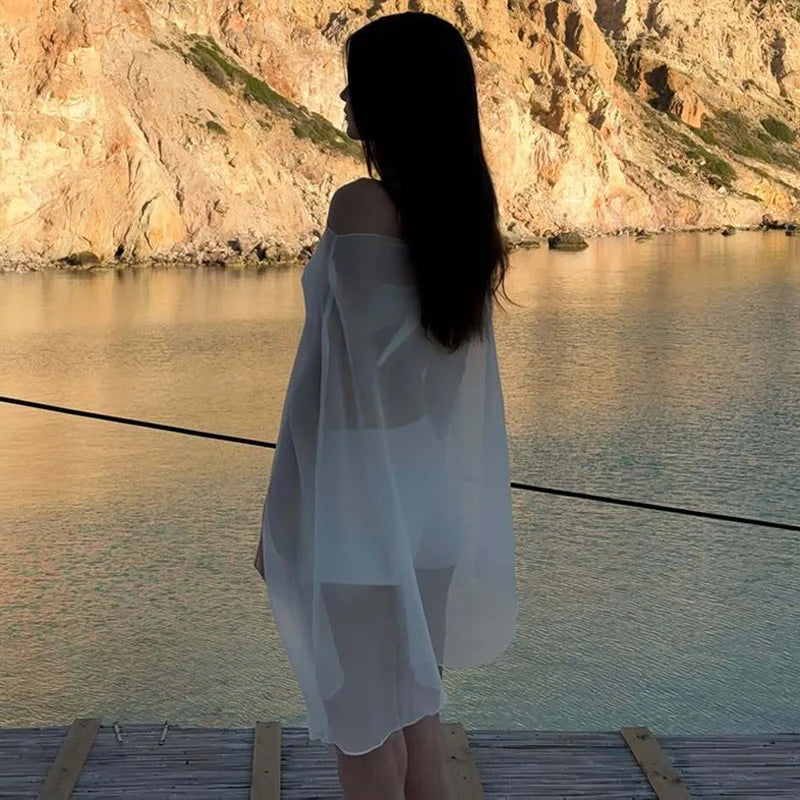 Women’s Sheer Chiffon Blouse Cover-Up Top – Sexy, Elegant, White & Black, Night Club