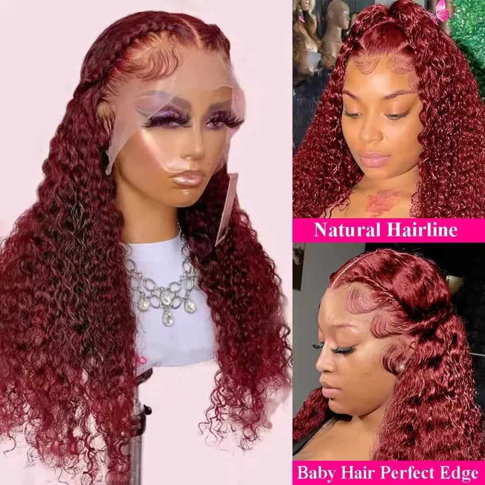 99J Burgundy Deep Wave 13x4 HD Lace Front Human Hair Wig – 16–34 Inch, Pre-Plucked