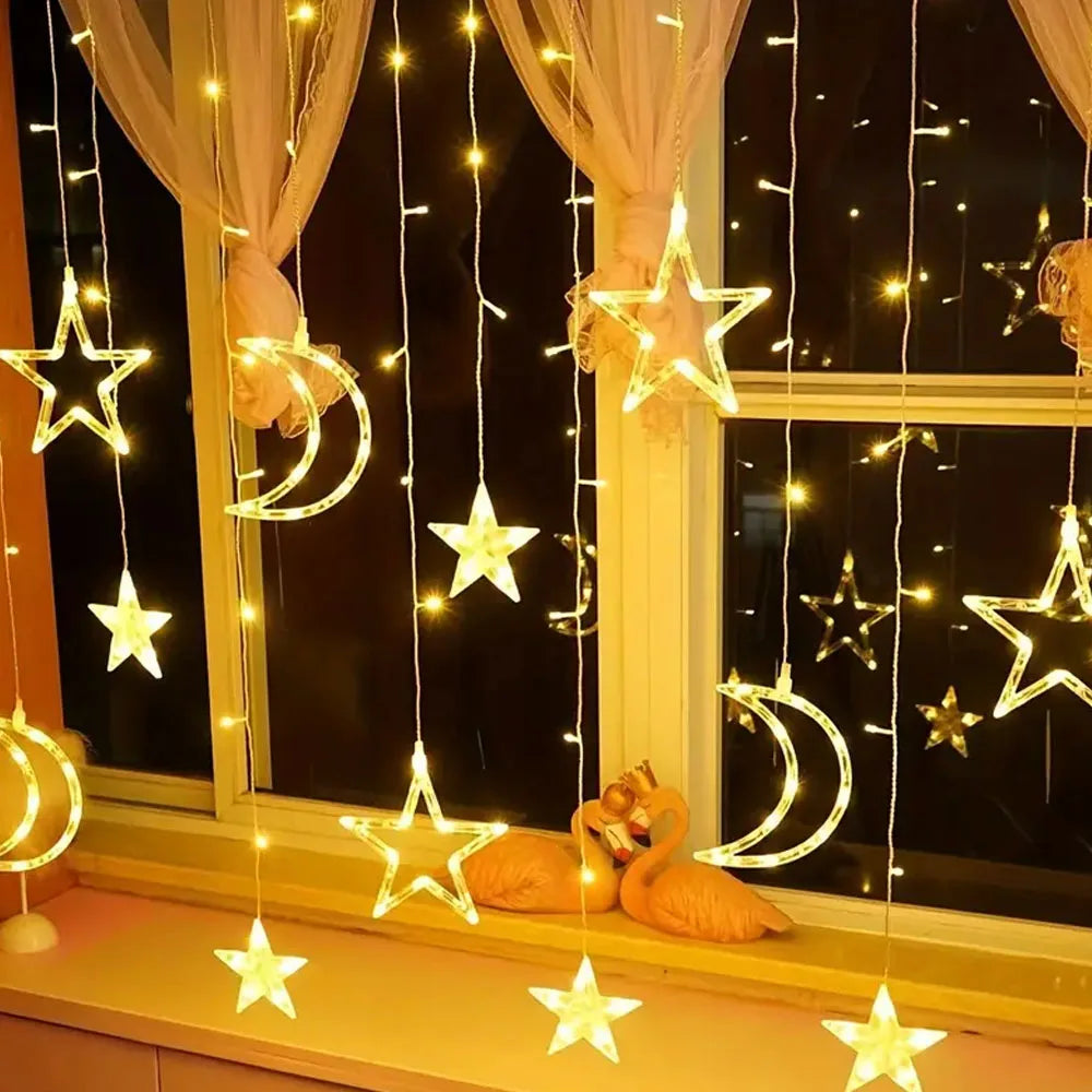 Star Moon Curtain String Lights – 3.5M, Battery Powered, Warm White & Multicolor, Room Decor