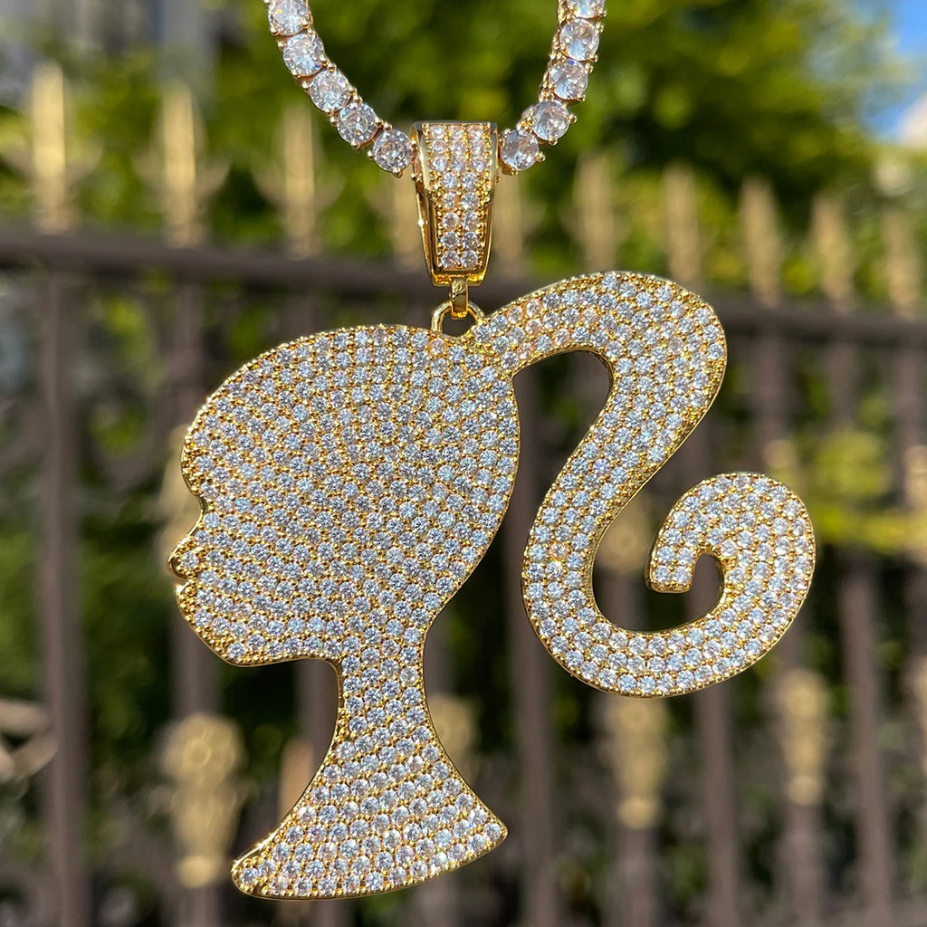 Gold Plated Bubble Letter Iced Out Doll Head Pendant Necklace – Hip Hop, Women’s Fashion