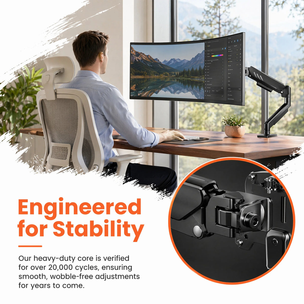 Single Monitor Arm – Gas Spring, 13–34 Inch, VESA 75/100mm, C-Clamp & Grommet, 4.4–19lbs