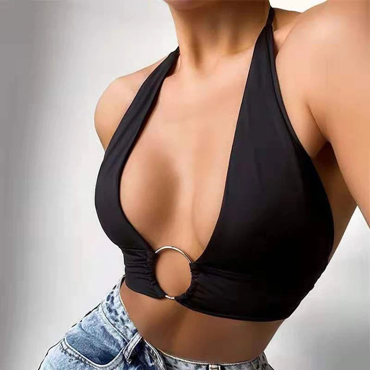 Women’s Backless Ring-Linked Halter Vest Top – Sleeveless, Slim Fit, Casual Style
