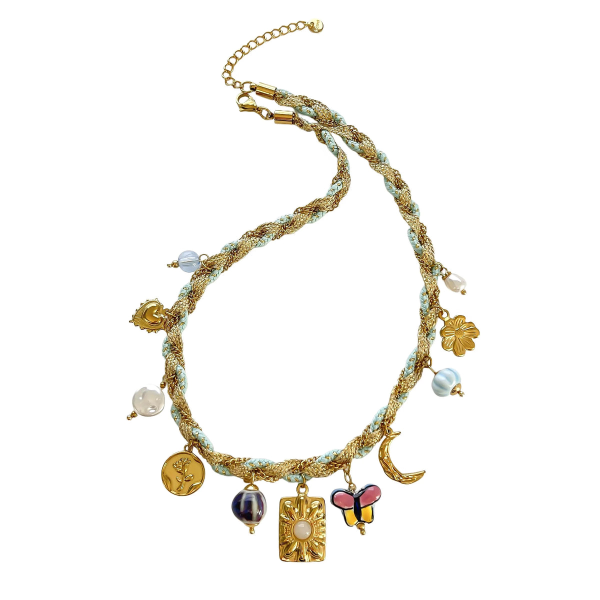 Pearl Acrylic Pendant Necklace & Bracelet Jewelry Set – Woven Chain, Stainless Steel, Party