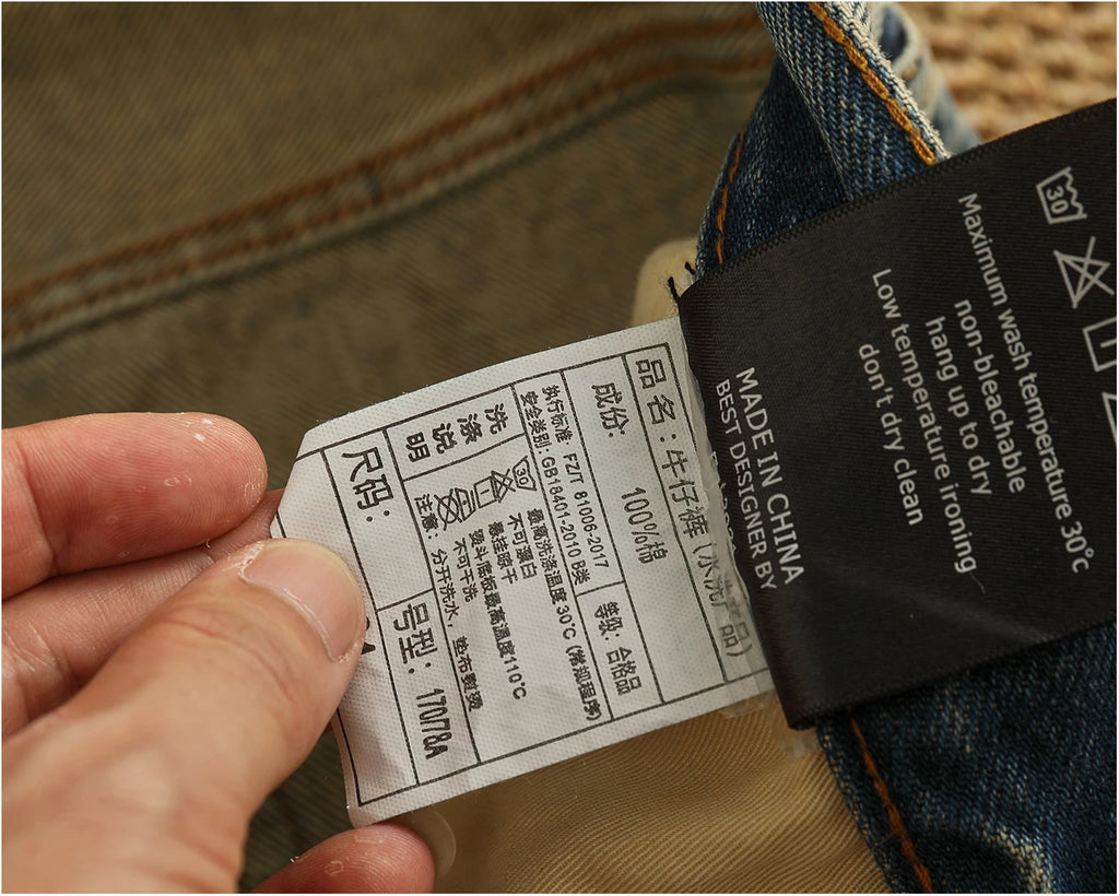 Men’s Retro Heavyweight Straight Tapered Jeans – 100% Cotton, Washed Denim, Sizes 29–38
