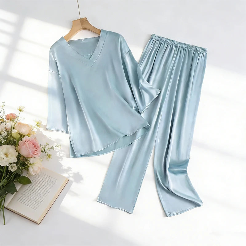 100% Mulberry Silk Satin Pajama Set – V-Neck, Three-Quarter Sleeve, 7 Colors, Sizes L–1XL