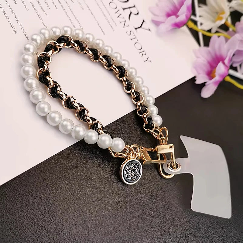 Leather Pearl Camellia Phone Lanyard – Anti-Loss Wrist Strap – White, Pink, Black