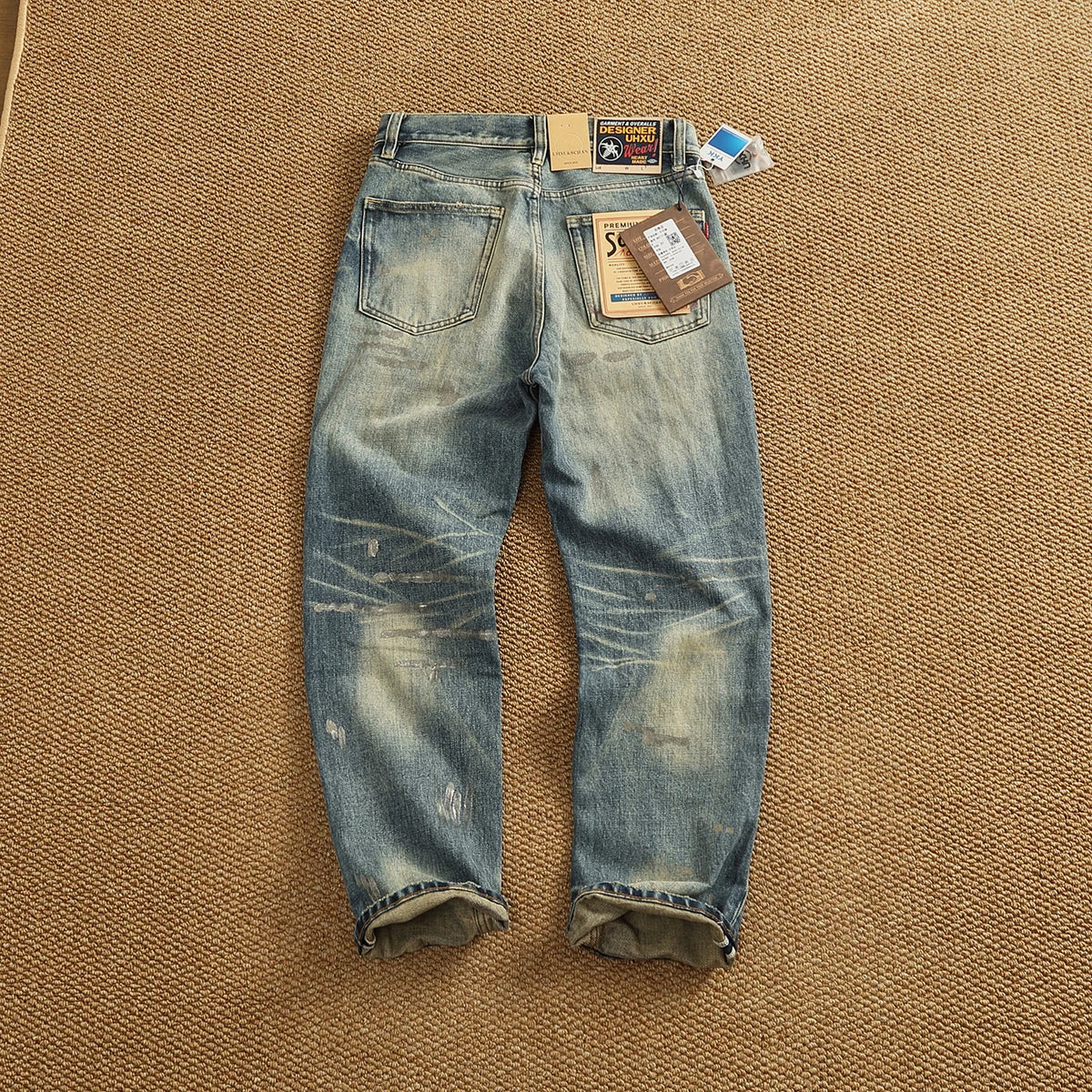 Men’s Retro Heavyweight Straight Tapered Jeans – 100% Cotton, Washed Denim, Sizes 29–38