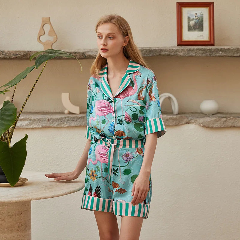 Women’s Ice Silk Short Sleeve Pajama Set – Casual Sleepwear, Sizes M–2XL