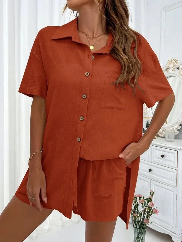 Women’s Cotton Button Shirt & Shorts Pajama Set – Casual 2-Piece, 6 Colors, Sizes S–XL