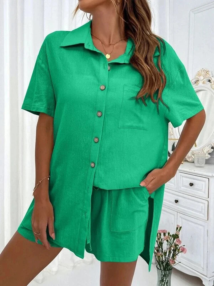Women’s Cotton Button Shirt & Shorts Pajama Set – Casual 2-Piece, 6 Colors, Sizes S–XL