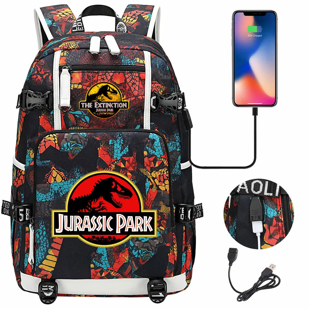 Jurassic World Dinosaur Backpack with USB Port – Large Capacity Laptop Bag for Men & Women